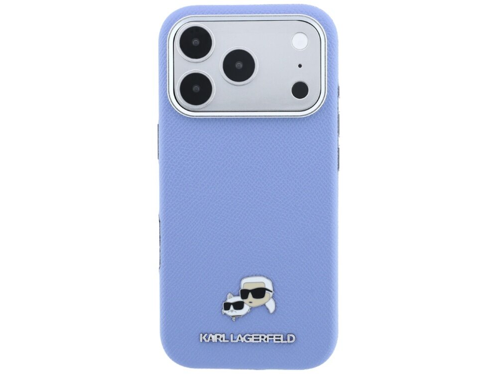 Niebieskie etui na telefon z trzema dużymi otworami na aparaty i dwoma mniejszymi na inne elementy. Na dole znajduje się logo \'KARL LAGERFELD\' oraz grafika przedstawiająca dwie postacie w okularach przeciwsłonecznych.