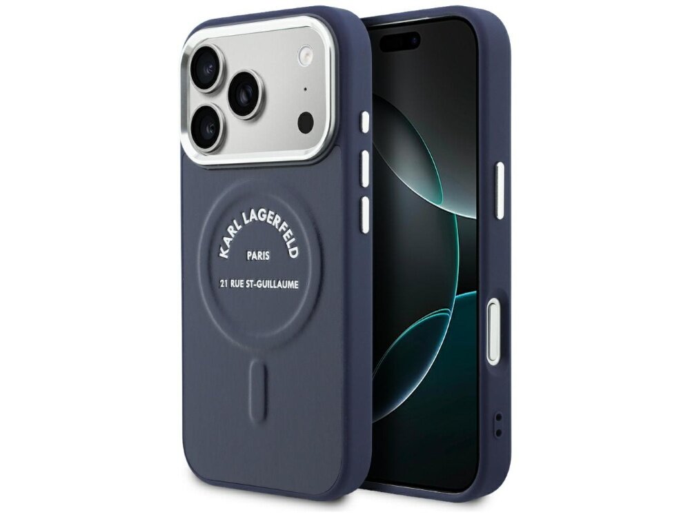 Niebieskie etui na telefon z trzema widocznymi obiektywami aparatu. Na etui znajduje się napis: \'KARL LAGERFELD PARIS 21 RUE ST-GUILLAUME\'.