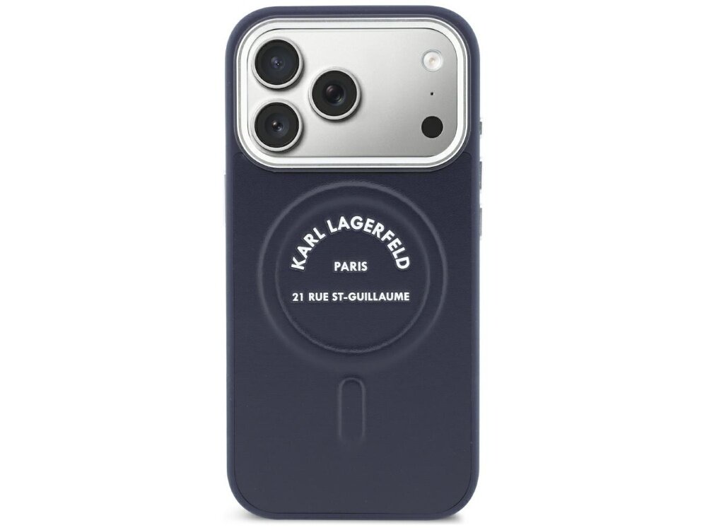 Niebieskie etui na telefon z trzema widocznymi obiektywami aparatu. Na etui znajduje się napis: \'KARL LAGERFELD PARIS 21 RUE ST-GUILLAUME\'.