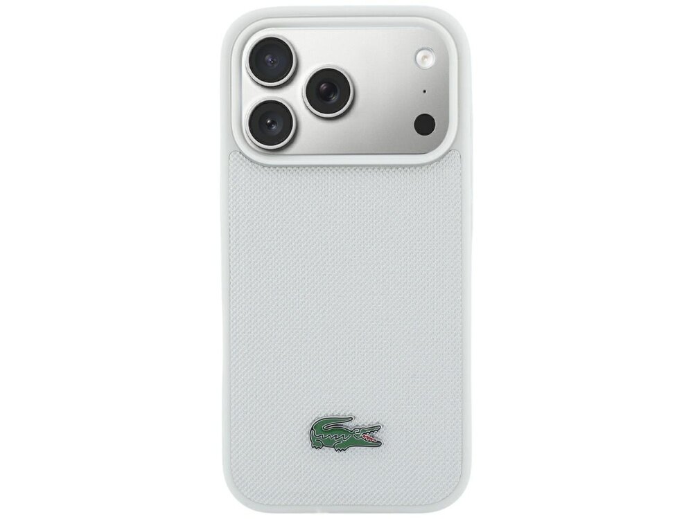 Szare etui na telefon z trzema widocznymi obiektywami aparatu i logo krokodyla na dole. Powierzchnia etui ma teksturę przypominającą tkaninę.