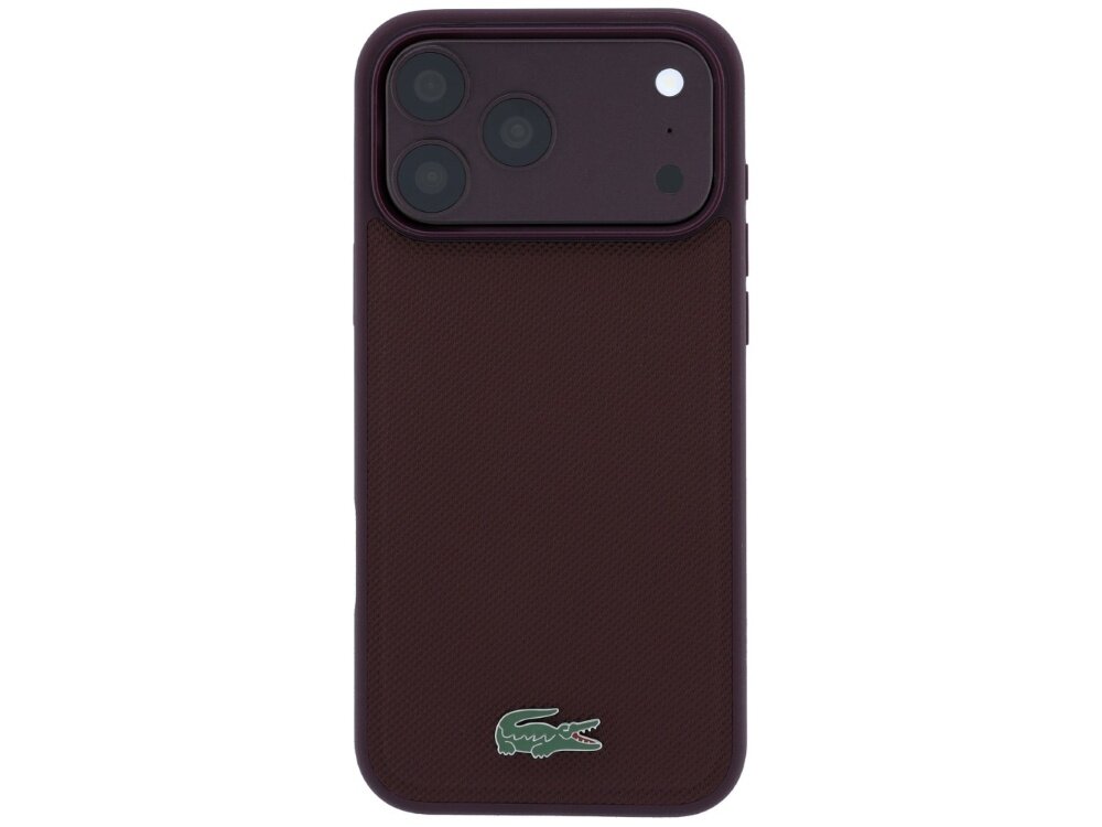 Burgundowe etui na telefon z trzema widocznymi obiektywami aparatu i logo krokodyla na dole. Powierzchnia etui ma teksturę przypominającą tkaninę.