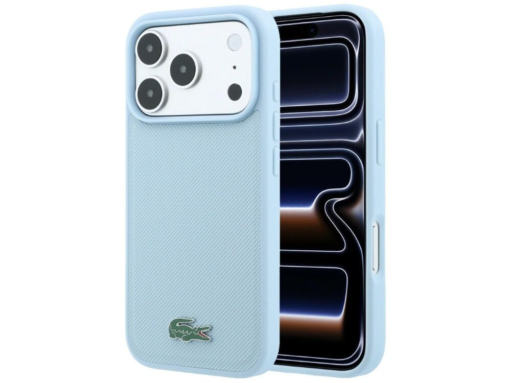Niebieskie etui na telefon z teksturą, z trzema otworami na aparaty i logo krokodyla w dolnym rogu. Obok etui widoczny jest telefon z wyświetlaczem pokazującym abstrakcyjny wzór.