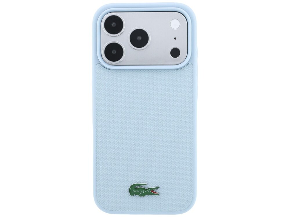Niebieskie etui na telefon z trzema widocznymi obiektywami aparatu i logo krokodyla na dole. Etui ma teksturowaną powierzchnię.