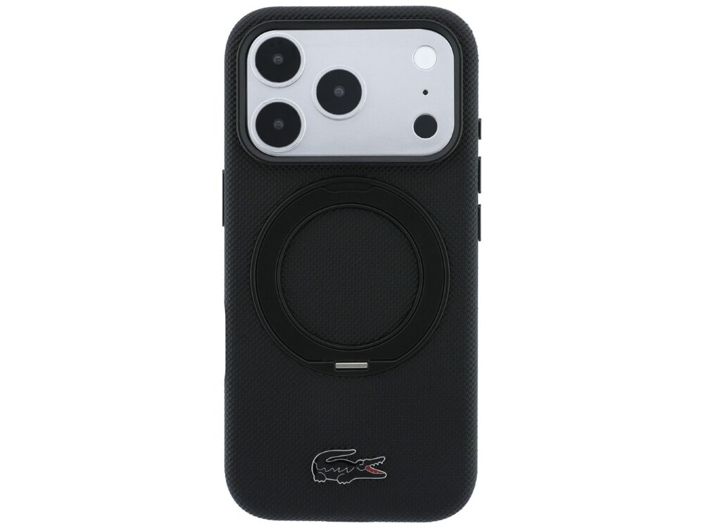 Czarne etui na telefon z trzema dużymi otworami na aparaty i logo krokodyla na dole. Etui posiada okrągły element na środku, prawdopodobnie do funkcji MagSafe.