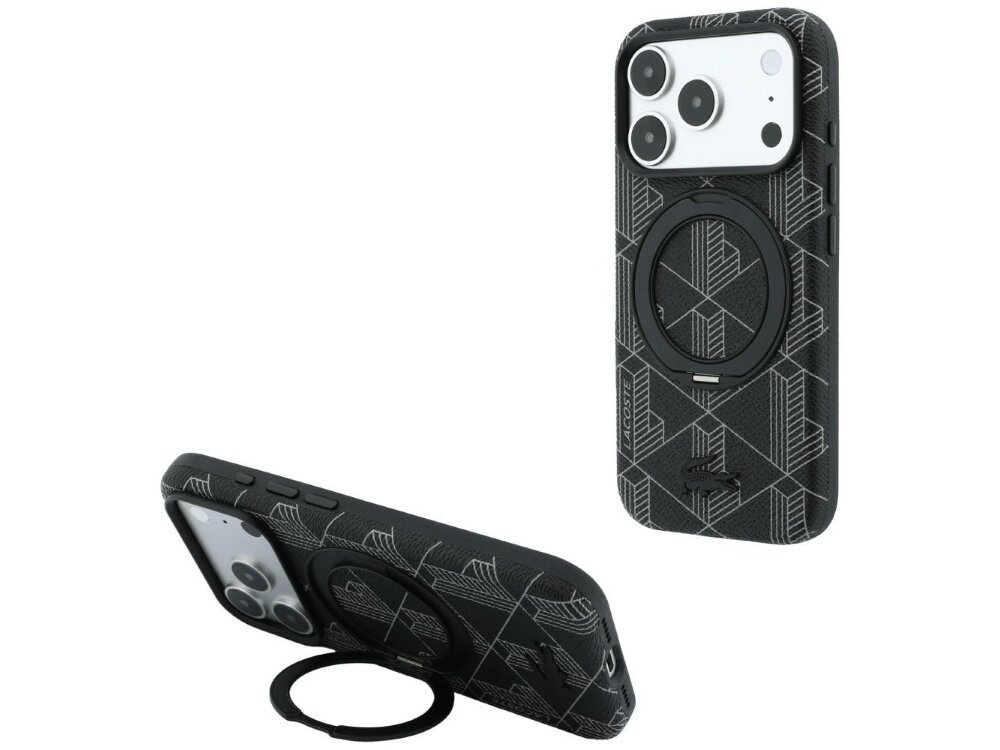 Czarne etui z geometrycznym wzorem i pierścieniem na tylnej stronie, przeznaczone do telefonu z trzema aparatami. Widoczne logo \'LACOSTE\' na etui.