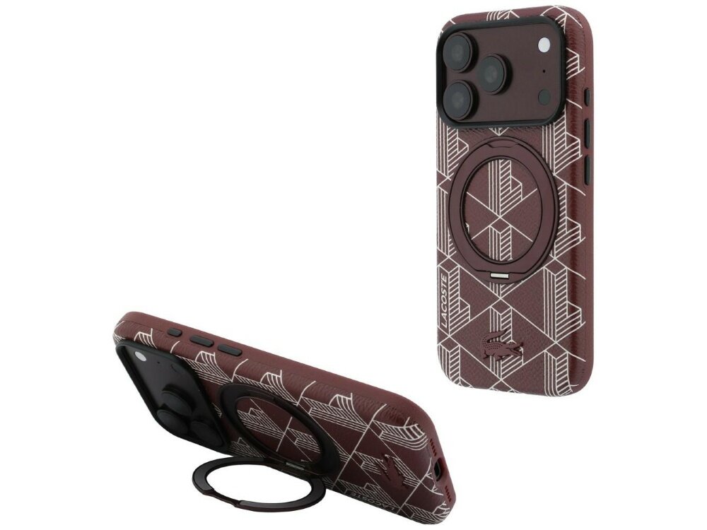 Burgundowe etui z geometrycznym wzorem i pierścieniem na tylnej stronie, przeznaczone do telefonu z trzema aparatami. Widoczne logo \'LACOSTE\' na boku etui.