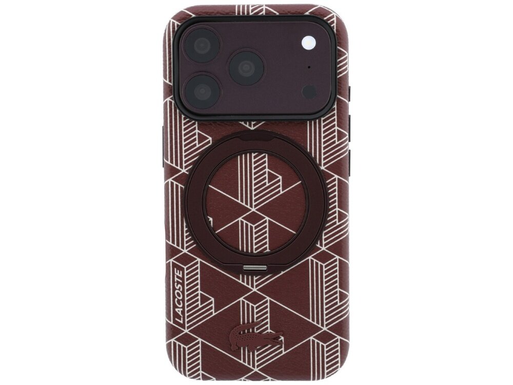Etui na telefon w kolorze burgundowym z geometrycznym wzorem i pierścieniem na środku. Widoczne logo \'LACOSTE\' oraz symbol krokodyla.