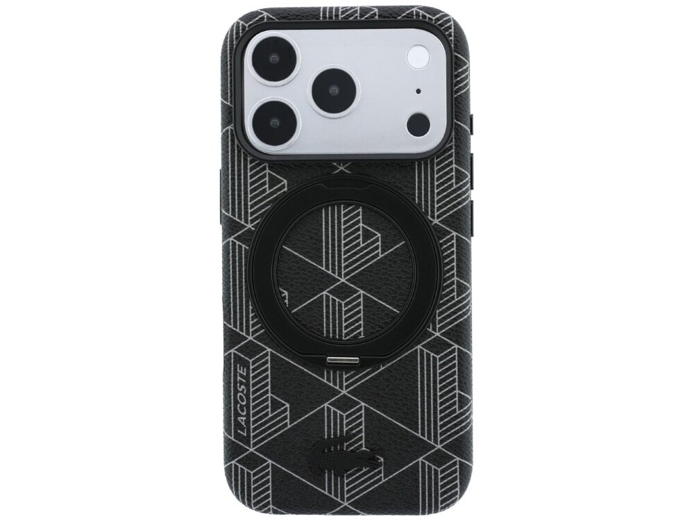 Czarne etui z geometrycznym wzorem i napisem \'LACOSTE\', posiada okrągły uchwyt na środku. Widoczny jest aparat telefonu z trzema obiektywami.