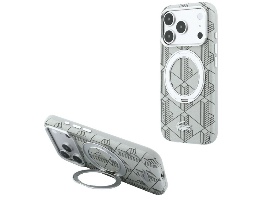 Szare etui z geometrycznym wzorem i pierścieniem MagSafe, przeznaczone do iPhone\'a. Widoczne logo \'LACOSTE\' oraz symbol krokodyla.