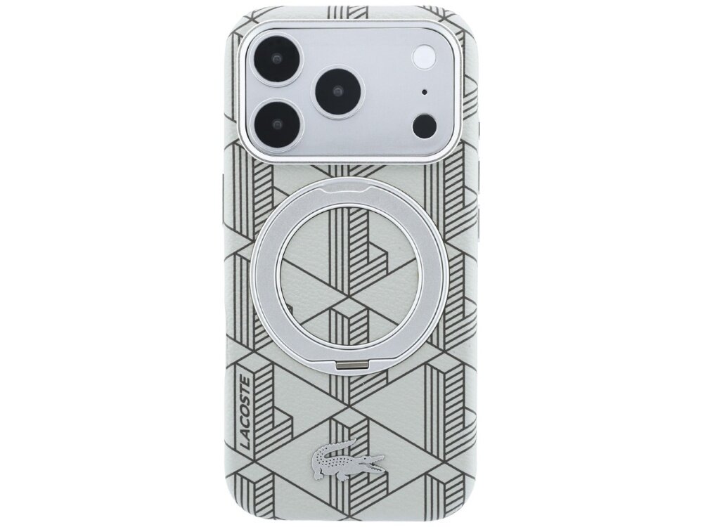 Etui na telefon z geometrycznym wzorem i wbudowanym uchwytem pierścieniowym. Widoczne logo \'LACOSTE\' oraz symbol krokodyla.