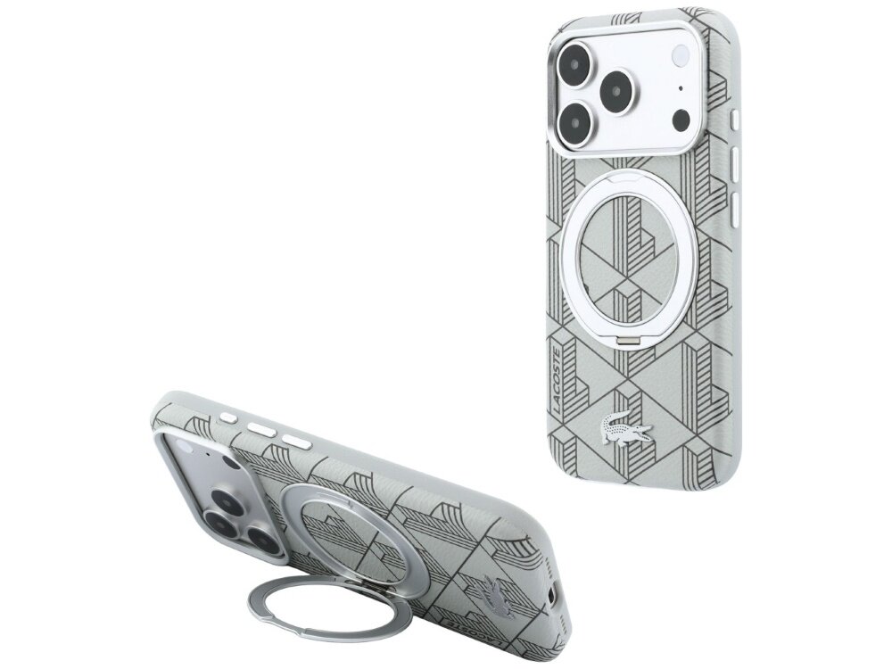 Szare etui z geometrycznym wzorem i pierścieniem MagSafe, z widocznym logo \'LACOSTE\' oraz symbolem krokodyla.
