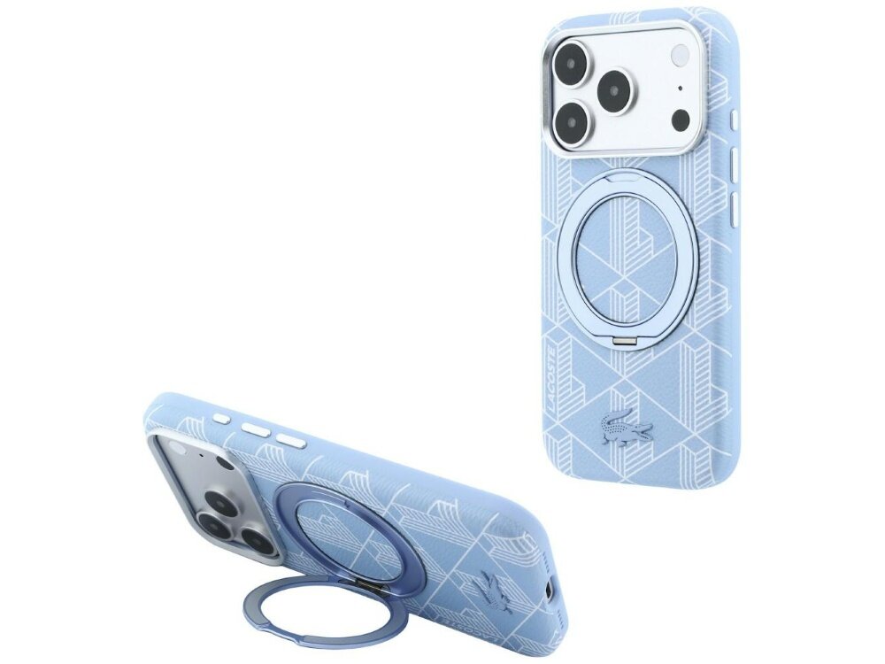 Niebieskie etui na telefon z geometrycznym wzorem i wbudowanym uchwytem pierścieniowym. Na etui widoczne jest logo \'LACOSTE\'.