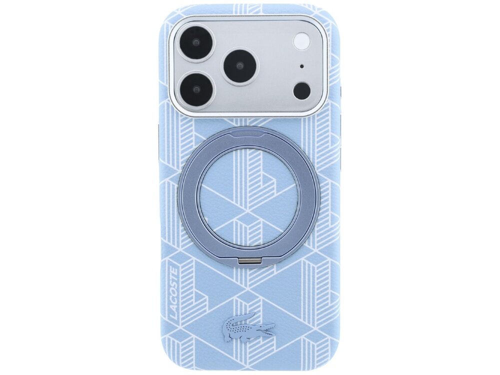 Niebieskie etui z geometrycznym wzorem i pierścieniem na tylnej stronie, z logo \'LACOSTE\' oraz symbolem krokodyla. Etui jest przeznaczone do telefonu z trzema aparatami i lampą błyskową.