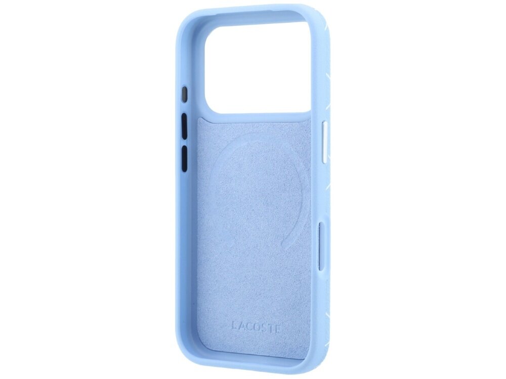 Niebieskie etui na telefon z wycięciem na aparat i przyciski, z widocznym logo \'LACOSTE\' na wewnętrznej stronie.