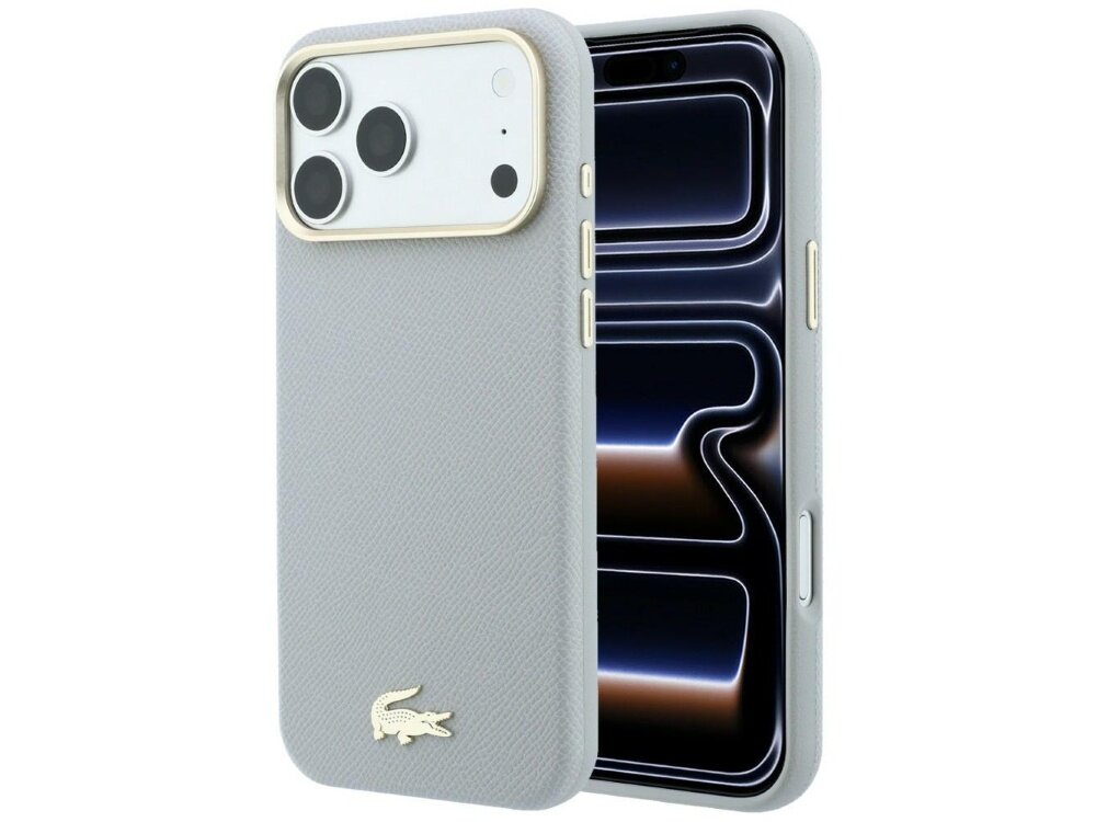 Szare etui na telefon z widocznym logo krokodyla na dole. Etui jest dopasowane do telefonu z trzema dużymi obiektywami aparatu.