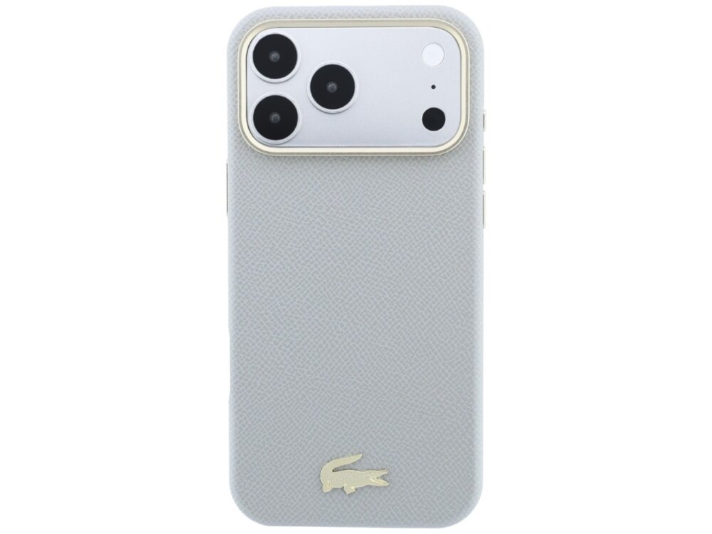 Szare etui na telefon z trzema widocznymi obiektywami aparatu i logo krokodyla w dolnej części. Etui ma teksturę przypominającą skórę.
