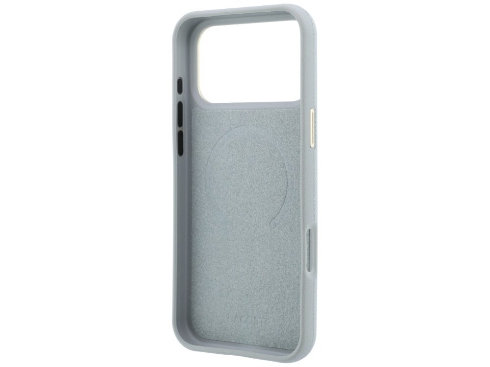 Szare etui na telefon z dużym otworem na aparat i napisem \'LACOSTE\' wewnątrz. Etui ma wycięcia na przyciski i porty.