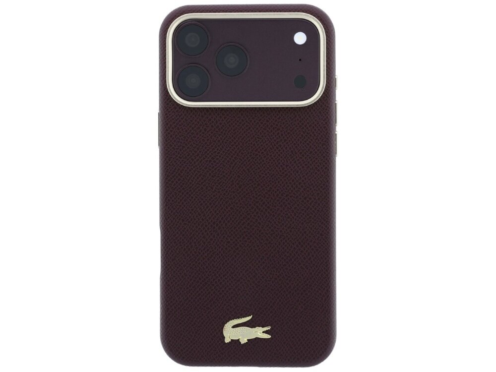 Burgundowe etui na telefon z trzema widocznymi obiektywami aparatu i złotym logo krokodyla na dole. Etui ma teksturę przypominającą skórę.