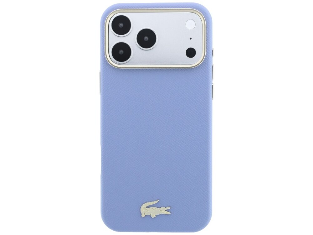 Niebieskie etui na telefon z trzema widocznymi obiektywami aparatu i logo krokodyla na dole. Etui ma teksturę i jest przeznaczone do urządzeń z funkcją MagSafe.