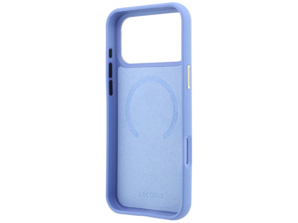Niebieskie etui z wycięciem na aparat i logo \'LACOSTE\' na dole. Wewnątrz widoczny jest okrągły wzór, sugerujący kompatybilność z MagSafe.