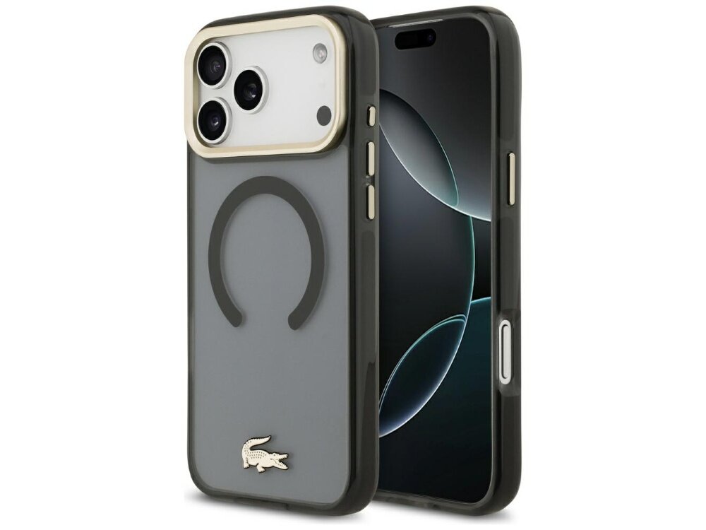 Czarne etui na telefon z widocznym złotym logo krokodyla oraz okrągłym wzorem na tylnej części. Etui jest przeznaczone do modelu telefonu z trzema aparatami i posiada wycięcia na przyciski boczne.