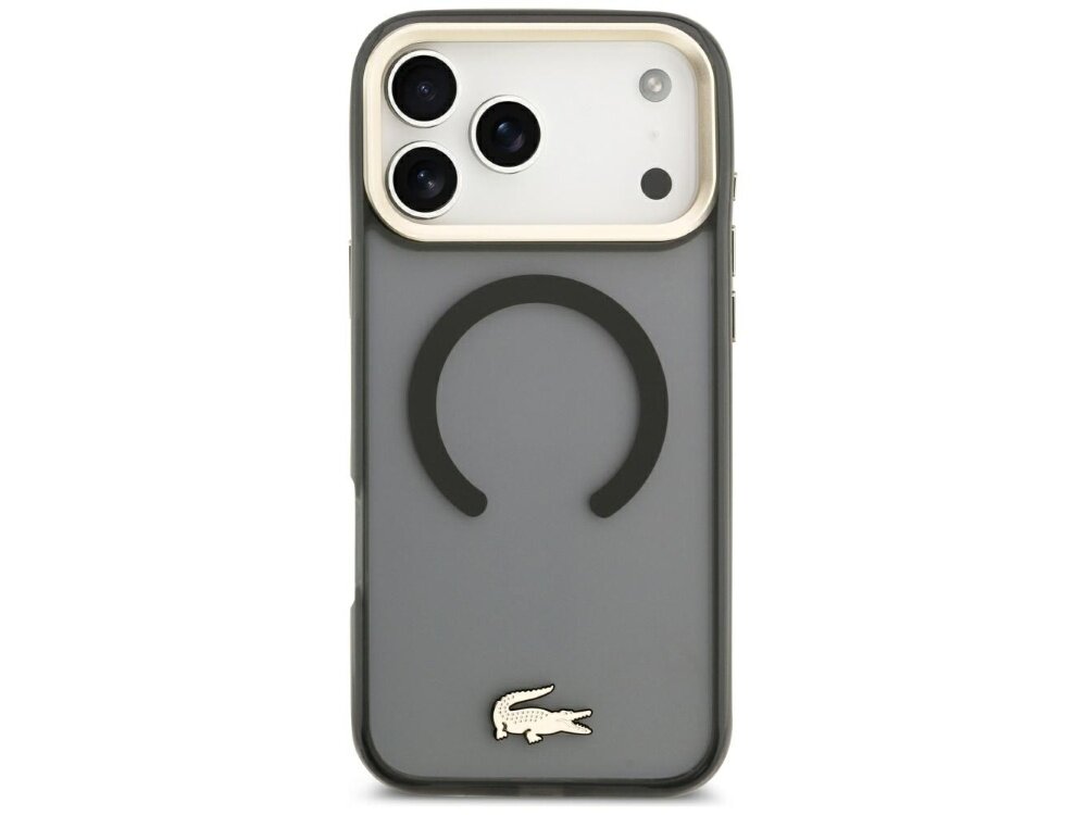 Czarne etui na telefon z trzema widocznymi obiektywami aparatu i logo krokodyla na dole. Na środku znajduje się okrągły wzór przypominający uchwyt MagSafe.