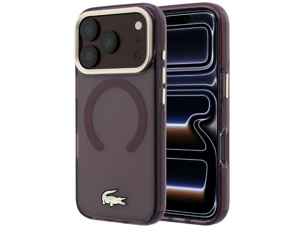 Burgundowe etui na telefon z widocznym logo krokodyla na dole oraz okrągłym wzorem na środku. Etui jest przezroczyste, a telefon w środku ma trzy obiektywy aparatu.