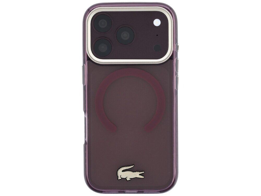 Burgundowe etui na telefon z trzema widocznymi obiektywami aparatu i logo krokodyla na dole. Etui ma przezroczyste krawędzie i okrągły wzór na środku.
