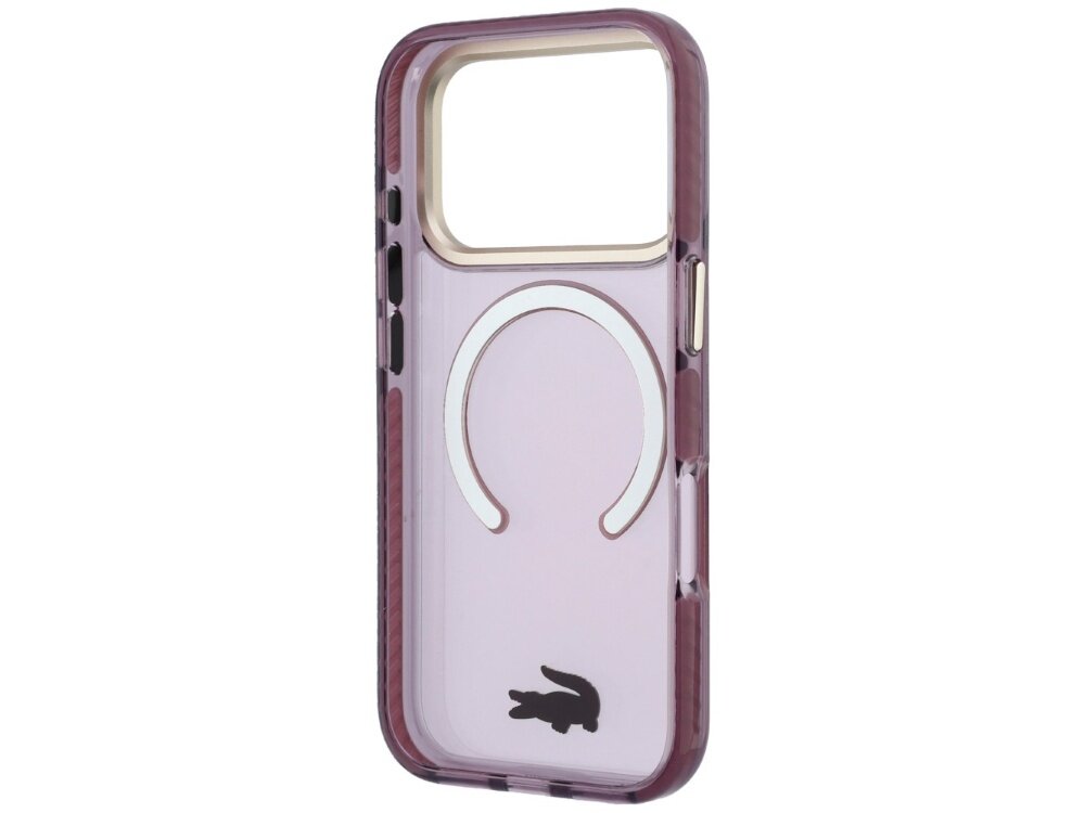 Burgundowe etui na telefon z przezroczystym tyłem, posiadające złote logo w kształcie litery \'C\' oraz czarny symbol krokodyla na dole.