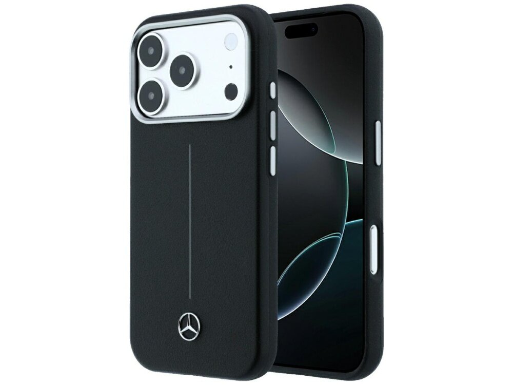 Czarne etui na telefon z logo Mercedes na dole i trzema dużymi otworami na aparaty. Etui jest pokazane na telefonie z widocznym ekranem.