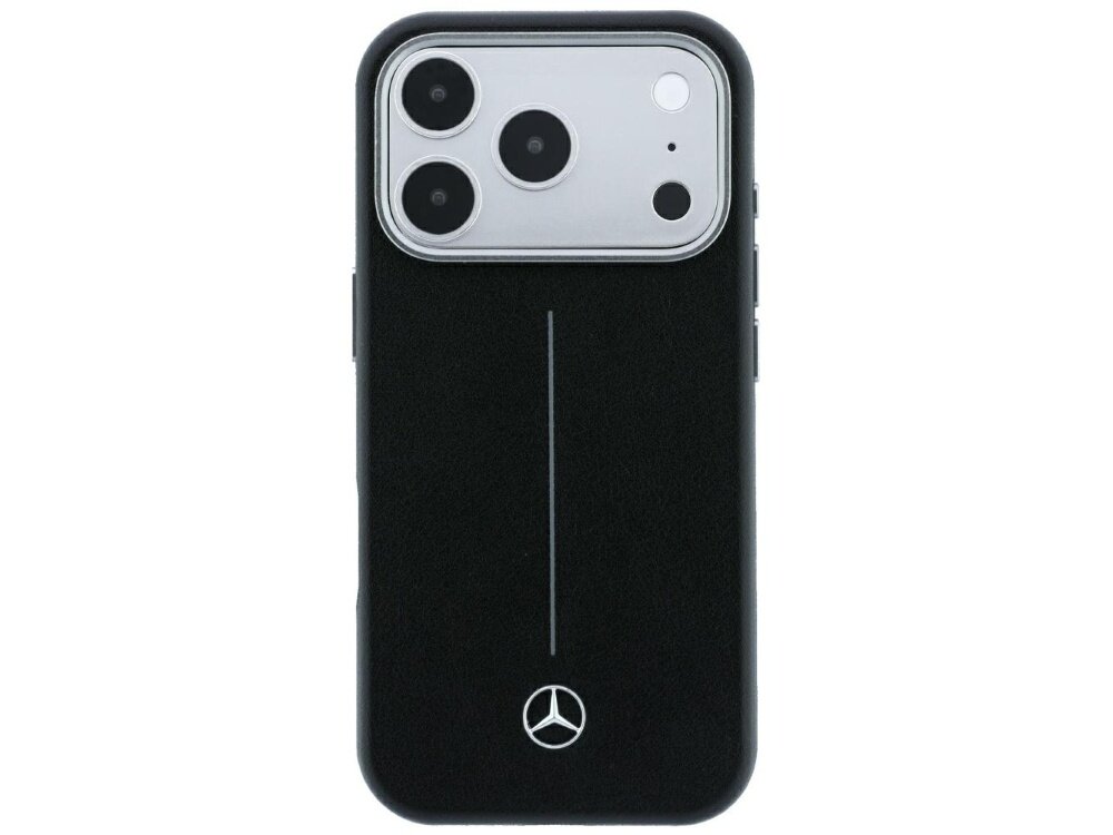 Czarne etui na telefon z logo Mercedes na dole i trzema dużymi otworami na aparat fotograficzny. Etui ma pionową linię biegnącą przez środek.