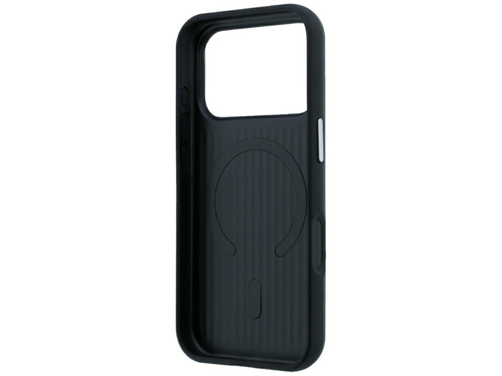 Czarne etui na telefon z wycięciem na aparat i okrągłym wzorem na wewnętrznej stronie. Etui posiada przyciski boczne w kontrastującym kolorze.
