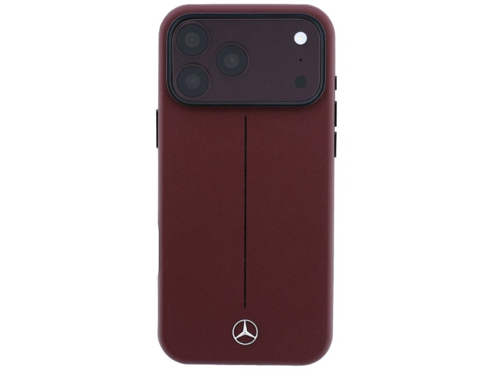 Burgundowe etui na telefon z logo Mercedesa na dole i wycięciem na aparat z trzema obiektywami.