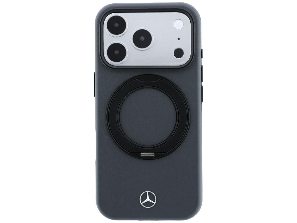 Etui na telefon w kolorze antracytowym z okrągłym uchwytem na środku i logo Mercedes na dole. Widoczny jest aparat z trzema obiektywami i lampą błyskową.