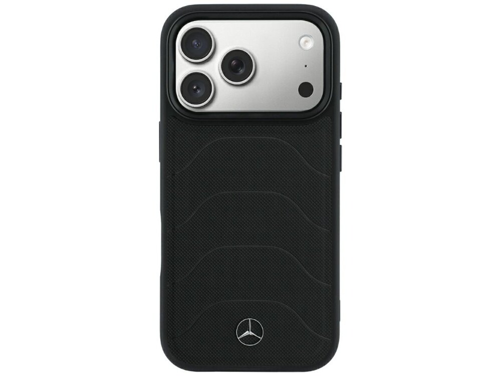 Czarne etui z teksturą i logo Mercedes na dole, przeznaczone na telefon z trzema widocznymi obiektywami aparatu.