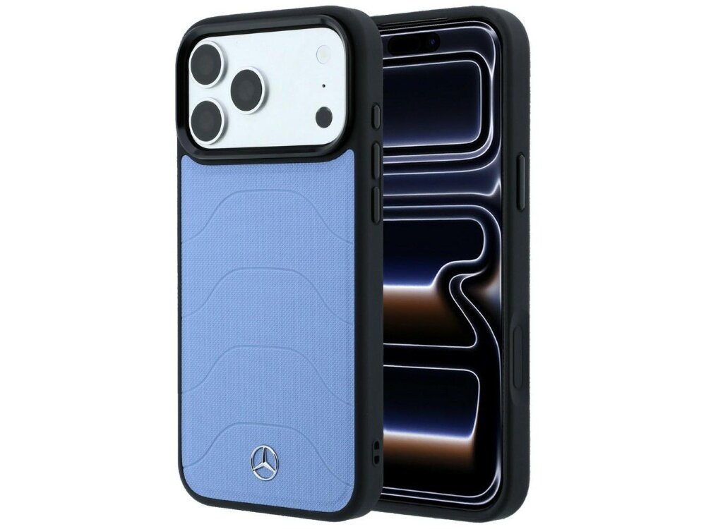 Etui na telefon w kolorze niebieskim z logo Mercedes na dole. Obok widoczny jest telefon z wyświetlaczem pokazującym abstrakcyjny wzór.