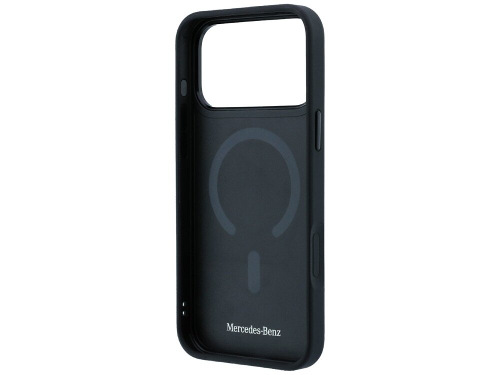 Czarne etui z dużym otworem na aparat i logo \'Mercedes-Benz\' na dole. Wewnątrz widoczny jest okrągły wzór MagSafe.