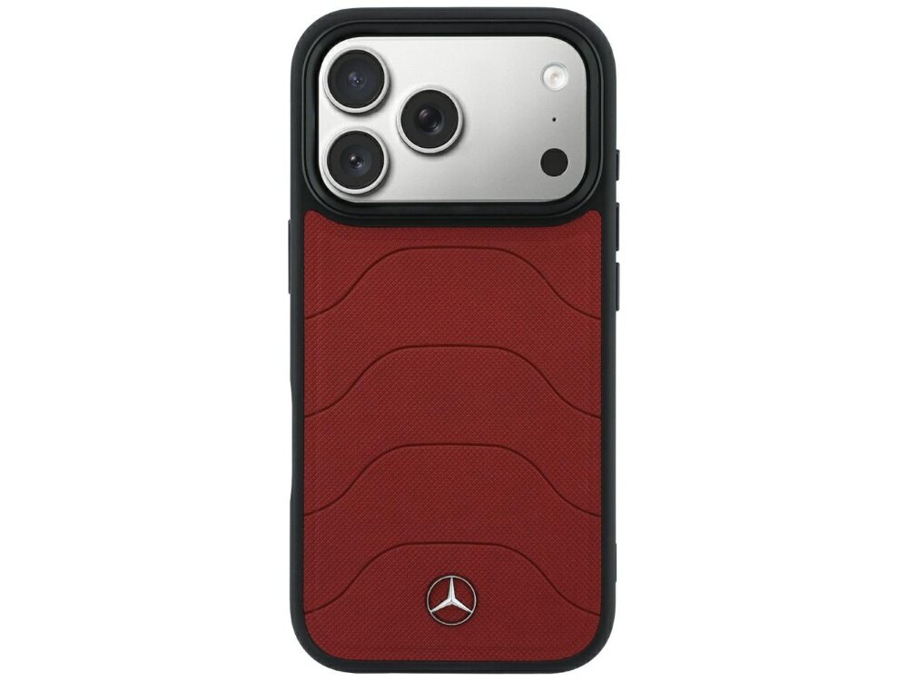 Etui na telefon w kolorze bordowym z falistym wzorem i logo Mercedes na dole. Widoczne są trzy obiektywy aparatu telefonu oraz czujniki.