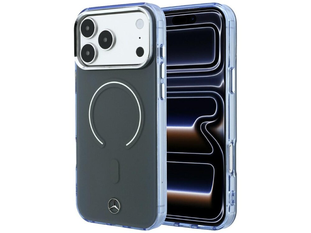 Etui na telefon w kolorze antracytowym z widocznym logo Mercedesa i okrągłym wzorem MagSafe. Obok etui znajduje się telefon z wyświetlaczem pokazującym abstrakcyjny wzór.