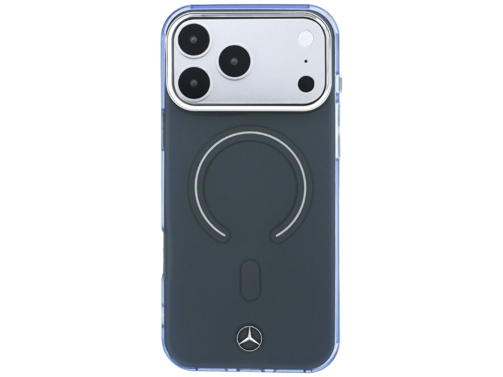 Etui na telefon w kolorze antracytowym z widocznym logo Mercedes na dole oraz okrągłym wzorem MagSafe. Aparat telefonu ma trzy obiektywy i jest umieszczony w srebrnej ramce.