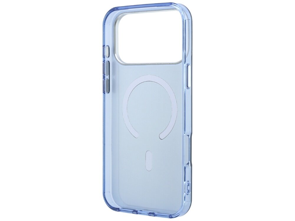 Przezroczyste etui na telefon z widocznym okrągłym wzorem na środku, przeznaczone do urządzeń z funkcją MagSafe. Etui ma wycięcia na przyciski i aparat.