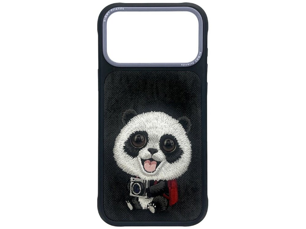 Czarne etui z haftowanym wizerunkiem pandy trzymającej aparat fotograficzny, z dużymi oczami i otwartą buzią. Na górnej krawędzi widoczny napis \'NIMMY FRIENDS\'.