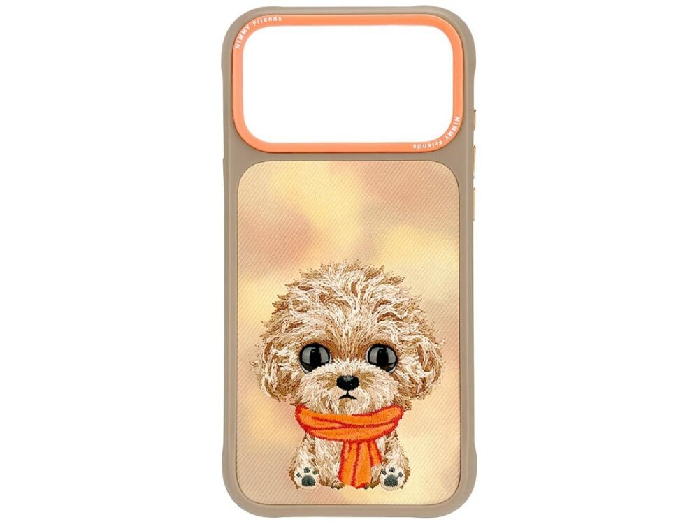 Etui na telefon z wizerunkiem psa o dużych oczach, ubranego w pomarańczowy szalik. Na górnej krawędzi widoczny jest napis \'sweet friends\'.