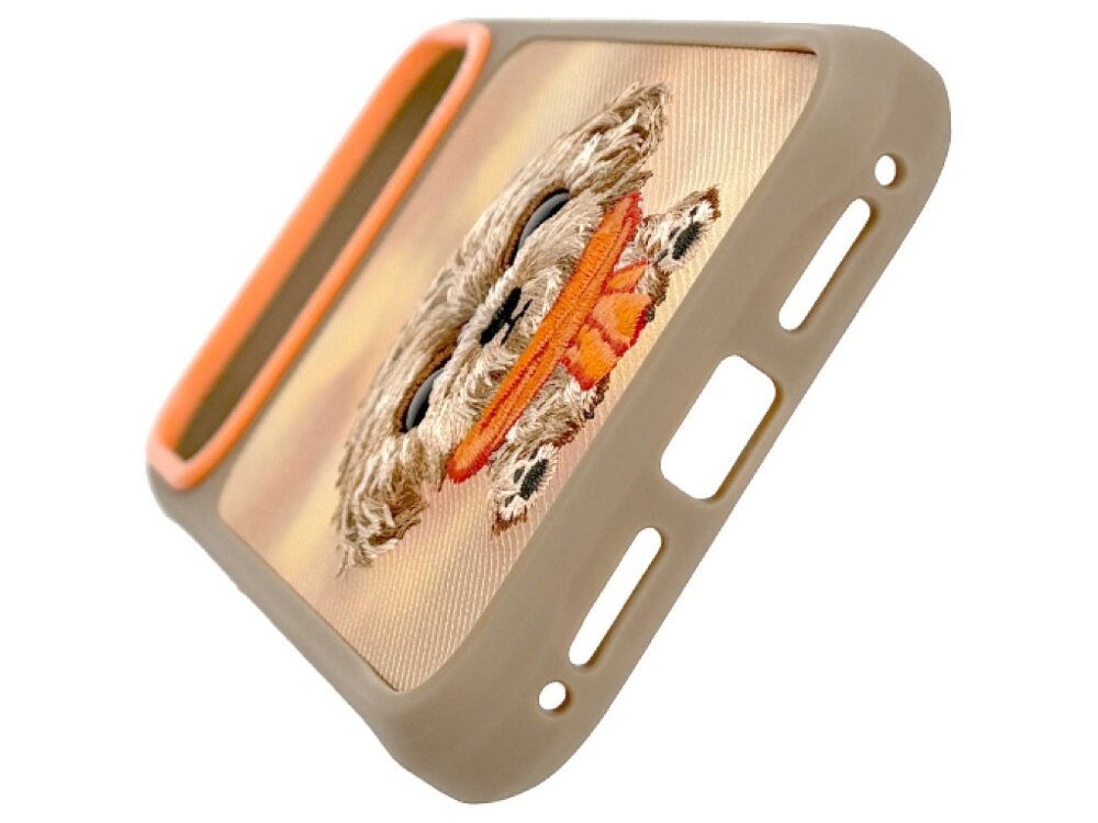Etui na telefon w kolorze brązowym z haftowanym wzorem przedstawiającym twarz psa. Etui posiada wycięcia na przyciski i porty.
