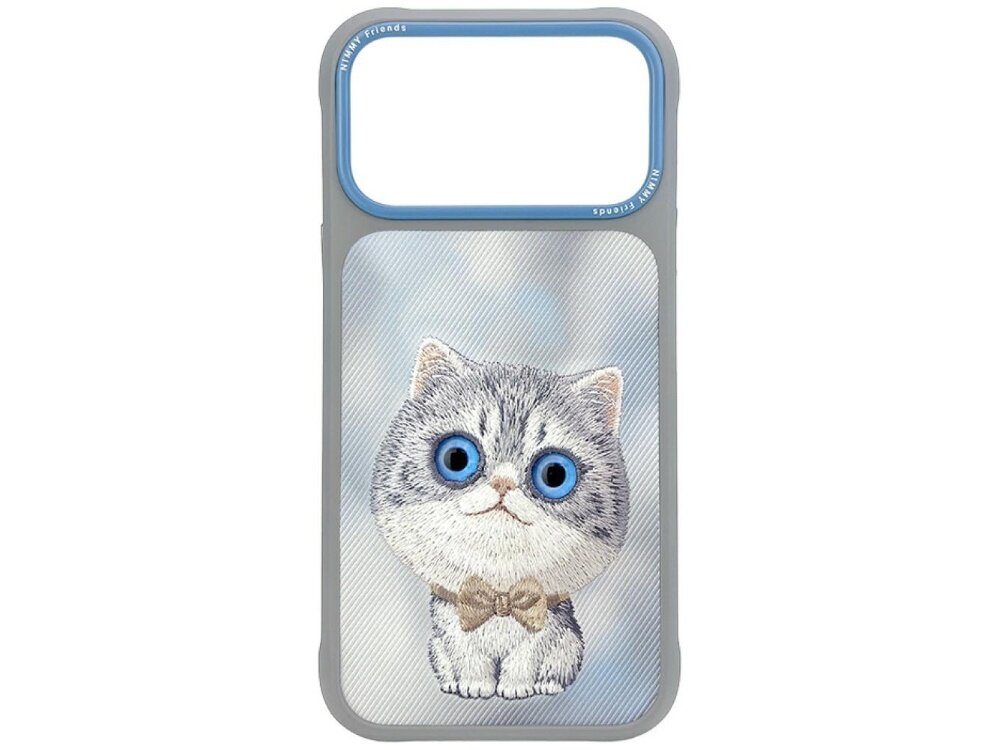 Etui na telefon z grafiką kota o dużych niebieskich oczach i kokardką. Na górze etui widoczny jest napis \'NIMMY Friends\'.