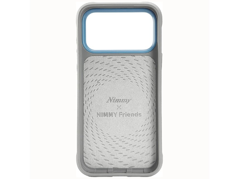Szare etui na telefon z dużym otworem na aparat, ozdobione wzorem spiralnym. Na środku widoczny jest napis: \'Nimmy x NIMMY Friends\'.