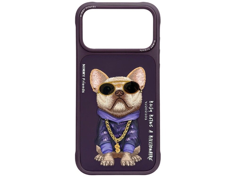 Fioletowe etui na telefon z grafiką psa w okularach przeciwsłonecznych, ubranym w fioletową kurtkę i złoty łańcuch. Na etui widoczny jest tekst: \'NIMMY Friends\' oraz \'busy being a billionaire\'.