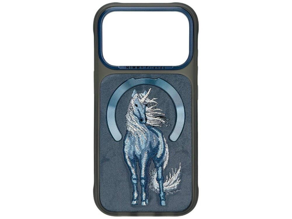 Etui na telefon z motywem niebieskiego jednorożca na szarym tle, z napisem \'NIMMY Magnetic\' na górze. Etui posiada wycięcie na aparat i jest kompatybilne z MagSafe.