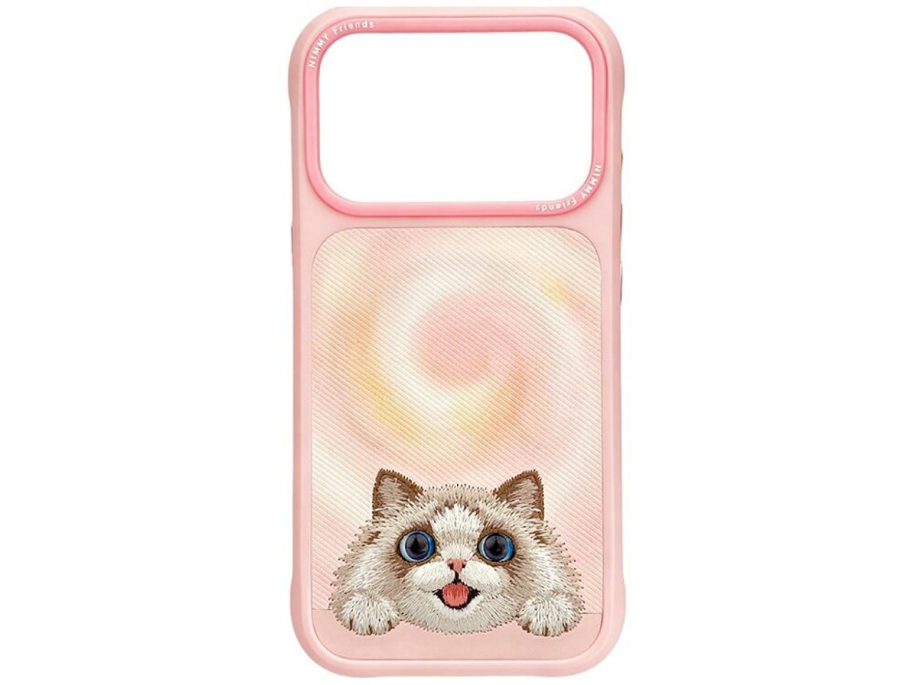 Różowe etui na telefon z grafiką kota z dużymi oczami na tle spiralnego wzoru. Na krawędzi etui widoczny jest napis \'NIMMY\'.