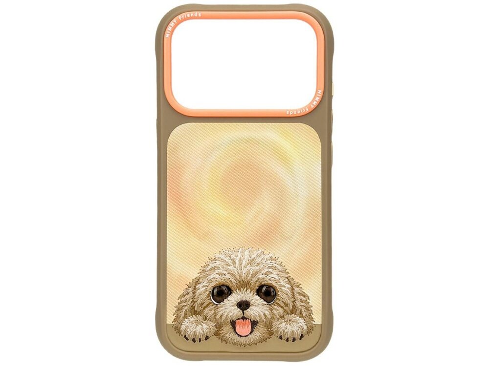 Etui na telefon w kolorze brązowym z grafiką przedstawiającą psa z dużymi oczami i wystawionym językiem. Na górnej krawędzi widoczny jest napis \'NIMMY Friends\'.
